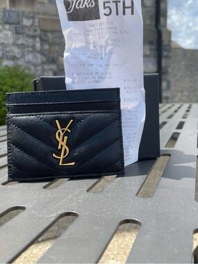 Saint Laurent Black Pebbled Card Holder with Gold YSL Emblem